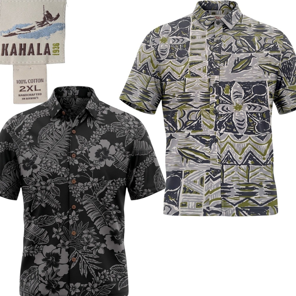 Kahala Button Down Shirt Men 2XL Black Grey Green Floral Geometric Cotton 2 Pack